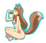  animal_ears barefoot between_thighs breasts brown_hair eating food full_body haneta highres holo indian_style long_hair medium_breasts nipples nude oekaki red_eyes simple_background sitting soles solo spice_and_wolf tail toe_scrunch tongue wolf_ears 
