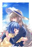  blue_sky brown_hair closed_eyes dark_blue_hair hat highres hug jacket misakino_kukuru miyazawa_fuuka paper_airplane shiroi_suna_no_aquatope shirt sky straw_hat u35 yellow_shirt 