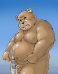  2021 anthro balls belly blush bodily_fluids brown_body brown_fur city cum dekatanu fur genital_fluids genitals humanoid_genitalia humanoid_hands humanoid_penis kemono macro male mammal moobs navel nipples outside overweight overweight_male penis real small_penis solo ursid young 