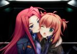  2girls artist_request bangs blue_eyes blue_jacket blush brown_jacket eyebrows_visible_through_hair fortified_suit fur_trim game_cg green_eyes hair_intakes highres jacket jacket_on_shoulders licking licking_another&#039;s_cheek licking_another&#039;s_face long_hair miono_shizuku multiple_girls muvluv muvluv_alternative muvluv_unlimited:_the_day_after official_art one_eye_closed oogami_ritsuko pilot_suit pink_hair red_hair short_hair smile surprised two_side_up 