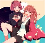  ! 2girls :d :o aicedrop bangs black_border black_jacket bob_cut border breasts brown_hair cake collared_shirt dress_shirt eating fang food hair_ornament hanten_(clothes) heart heart_of_string holding holding_food horns jacket knee_up leaning_forward long_hair long_sleeves miniskirt mira_(world_trigger) multiple_girls nire_hikari one_side_up open_clothes open_jacket open_mouth portrait_(object) purple_eyes reclining red_hair serving shirt short_hair sitting skin_fang skirt smile two-tone_background uniform untucked_shirt whipped_cream white_shirt world_trigger 