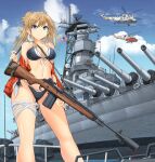  1girl absurdres aircraft american_flag bangs battle_rifle battleship bikini black_bikini blonde_hair blue_eyes blue_sky breasts carrying closed_mouth cloud cloudy_sky day eyebrows_visible_through_hair folded_ponytail front-tie_bikini front-tie_top gun hand_on_own_thigh helicopter highres jacket light_frown m14 medium_breasts medium_hair mikeran_(mikelan) military military_vehicle motion_blur multi-strapped_bikini navel ocean off_shoulder open_clothes open_jacket original outdoors red_jacket rifle ship side-tie_bikini sky sling smoke solo suppressor swimsuit thigh_strap united_states_navy vehicle_request warship watercraft weapon 