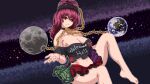  1girl bare_legs barefoot black_shirt breasts chain choker cleavage earth_(ornament) gold_chain hecatia_lapislazuli highres large_breasts miniskirt moon_(ornament) multicolored_clothes multicolored_skirt navel nukekip off-shoulder_shirt off_shoulder pixel_art plaid plaid_skirt polos_crown red_eyes red_hair shirt skirt sky solo space star_(sky) starry_sky t-shirt thighs toenails touhou 