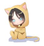  animal_costume animal_hood animification apex_legends azuha bell black_choker black_hair blue_eyes blush cat_costume cat_hood cat_tail chibi choker highres hood looking_at_viewer neck_bell onesie sitting sweatdrop tail white_background wraith_(apex_legends) 