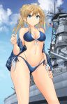  1girl absurdres american_flag bangs battleship bikini blonde_hair blue_bikini blue_eyes blue_jacket blue_sky breasts camouflage camouflage_jacket closed_mouth cloud cloudy_sky day eyebrows_visible_through_hair folded_ponytail front-tie_bikini front-tie_top hand_on_own_thigh highres jacket light_frown medium_breasts medium_hair mikeran_(mikelan) military military_vehicle motion_blur multi-strapped_bikini navel ocean off_shoulder open_clothes open_jacket original outdoors ship side-tie_bikini sky smoke solo swimsuit united_states_navy vehicle_request warship watercraft 