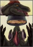  2016 allosaurid allosaurus colored comic dinosaur erection feral genitals goldenemotions hi_res imminent_masturbation improvised_sex_toy male one_piece penis reptile scalie sharp_teeth solo teeth theropod tongue tongue_out watermark x_drake 