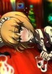  1girl bangs bar bartender blonde_hair blunt_bangs blurry blurry_background blurry_foreground blush bob_cut brown_eyes brown_vest christmas_tree cup cutlass_(girls_und_panzer) depth_of_field dress_shirt drinking_glass drunk eyebrows_visible_through_hair girls_und_panzer gloves key_(gaigaigai123) leaning_forward long_sleeves looking_at_viewer maid_headdress ooarai_naval_school_uniform open_collar open_mouth school_uniform shirt short_hair smile solo sweat vest white_gloves white_shirt wing_collar 