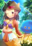  1girl ;) bangs blurry blurry_background blush breasts brown_eyes brown_hair brown_headwear brown_skirt character_request cleavage closed_mouth commission day depth_of_field dragon_quest hat hoimi_slime kou_hiyoyo lens_flare long_sleeves looking_at_viewer midriff one_eye_closed outdoors parted_bangs shrug_(clothing) skeb_commission skirt slime_(creature) small_breasts smile wide_sleeves 
