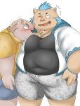  2021 anthro belly black_nose blush bottomwear clothing cute_fangs duo embrace gouryou gumpang0 hi_res hoodie hug humanoid_hands kemono lifewonders male male/male mammal one_eye_closed overweight overweight_male shirt shorts simple_background suid suina sus_(pig) tokyo_afterschool_summoners topwear ursid video_games white_background wild_boar wink 