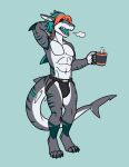  absurd_res anthro beverage blue_background blue_hair blue_tongue bulge clothed clothing coffee fish grey_body hair hi_res jockstrap koki_(skunkhotel) male marine multicolored_hair open_mouth orange_hair pecs shark sharkiedude simple_background solo tongue topless underwear yawn 