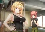  2girls bed black_shirt black_tank_top breast_envy breasts bunk_bed camouflage camouflage_pants covered_nipples dog_tags ellen_aice flat_chest game_cg green_eyes hair_intakes hands_on_own_chest highres large_breasts looking_at_viewer looking_down low_ponytail miono_shizuku multiple_girls muvluv muvluv_alternative muvluv_unlimited:_the_day_after official_art pants pink_hair purple_eyes sayori_(neko_works) shirt shirt_tucked_in small_breasts smile tank_top two_side_up 