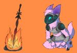  ambiguous_gender anthro bonfire darksouls ears_up fire fur hair hi_res machine male melee_weapon pink_hair protogen screen screen_face seiunichi simple_background sitting smile solo sword video_games visor weapon 