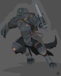  2017 anthro armor belt biped canid canine canis clothed clothing fully_clothed grey_background headgear helmet hi_res knee_pads male mammal mask simple_background solo weapon wolf wolfdawg 