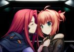  2girls artist_request bangs blue_jacket blush brown_jacket closed_eyes eyebrows_visible_through_hair fang fang_out fortified_suit fur_trim game_cg green_eyes hair_intakes highres jacket jacket_on_shoulders long_hair miono_shizuku multiple_girls muvluv muvluv_alternative muvluv_unlimited:_the_day_after official_art oogami_ritsuko pilot_suit pink_hair red_hair short_hair smelling smile two_side_up 