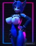 3d_(artwork) anthro big_breasts blue_body blue_fur blue_hair breasts canid canine chest_tuft clothing digital_media_(artwork) exposed_breasts female fluffy fluffy_tail fox fur hair hand_on_hip hand_on_own_hip hi_res looking_at_viewer mammal neonluv nintendo nipples simple_background solo source_filmmaker star_fox suit touching_hip tuft video_games wide_hips 