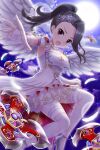  1girl absurdres alternative_girls angel_wings armlet black_hair breasts cleavage dress eyebrows_visible_through_hair full_moon hair_ornament highres jewelry looking_at_viewer moon night night_sky official_art open_mouth ponytail purple_eyes saionji_rei shuriken sky solo weapon white_dress white_footwear white_legwear wings 
