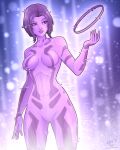  1girl absurdres artist_name bangs breasts colored_skin cortana english_commentary glitch halo_(series) halo_infinite highres hologram kluverdesigns lens_flare looking_at_viewer looking_to_the_side medium_breasts open_hands parted_bangs parted_lips purple_skin short_hair solo 