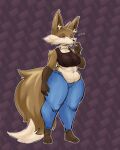  ... anthro belly_overhang bra brown_body brown_fur canid canine clothed clothing countershade_face countershade_torso countershading crop_top denim denim_clothing dipstick_tail ear_tuft euges eyelashes eyes_closed eyeshadow female fluffy fluffy_tail fox fur gloves_(marking) makeup mammal markings midriff prick_ears shirt solo sports_bra tail_markings thick_thighs topwear trisha_fox_(zzx) tuft underwear wide_hips 