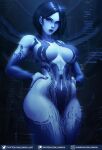  1girl bangs blue_eyes blue_hair blue_lips blue_nails blue_skin blue_theme breasts colored_skin cortana curvy hair_behind_ear halo_(series) hands_on_hips highres hologram large_breasts looking_at_viewer luminyu navel short_hair solo thick_lips web_address 
