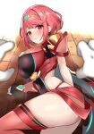  1girl absurdres bangs black_gloves breasts chest_jewel earrings enishi96 fingerless_gloves gloves highres jewelry large_breasts pyra_(xenoblade) red_eyes red_hair red_legwear red_shorts short_hair short_shorts shorts swept_bangs thighhighs tiara xenoblade_chronicles_(series) xenoblade_chronicles_2 