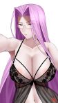  1girl babydoll bangs bare_shoulders blush breasts cleavage collarbone fate/stay_night fate_(series) forehead glasses highres large_breasts long_hair looking_at_viewer medusa_(fate) medusa_(rider)_(fate) navel outstretched_arm parted_bangs parted_lips purple_eyes purple_hair selfie sidelocks solo very_long_hair zin_(pixiv30275228) 