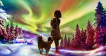  1girl aurora backlighting bag black_hair black_legwear bob_cut boots cabin cellphone chimney colorful dog from_behind fur_trim highres house mountain night night_sky original phone satchel seiya_hoshiko short_hair sky smartphone smoke snow solo star_(sky) tree winter 