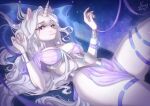  2021 anthro blue_eyes bottomwear brassiere clothed clothing curled_hair detailed_background digital_media_(artwork) equid equine eyelashes female fur hair horn long_hair lying mammal neon-chan on_back shaded skirt solo unicorn white_body white_fur white_hair 