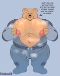  anthro big_pecs bodily_fluids canid canine canis clothing dogs_in_space domestic_dog english_text estemilk jerry_(dogs_in_space) jumpsuit male mammal musclegut muscular muscular_male musk pecs solo sweat text 