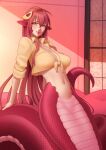  1girl arm_support bottomless breasts deilan12 fang fang_out hair_between_eyes hair_ornament hairclip highres lamia light_blush lips miia_(monster_musume) monster_girl monster_musume_no_iru_nichijou navel no_pussy orange_eyes pointy_ears red_hair scales shirt slit_pupils smile solo tail tied_shirt 