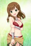  1girl alternative_girls bikini bracer breasts brown_hair cleavage dungeon_ni_deai_wo_motomeru_no_wa_machigatteiru_darou_ka eyebrows_visible_through_hair green_background green_eyes hand_on_own_arm highres hirose_koharu jewelry long_hair looking_at_viewer official_art open_mouth red_bikini smile solo swimsuit sword_oratoria tione_hyryute 