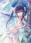  1girl :d bangs bare_shoulders beach blurry blurry_foreground blush bow bra breasts brown_eyes cleavage cloud cloudy_sky collarbone dutch_angle eyebrows_visible_through_hair frilled_bra frilled_panties frills hair_between_eyes hair_ornament highres large_breasts long_hair looking_at_viewer navel ocean open_mouth original outdoors panties purple_hair shirt sidelocks sky smile solo standing stomach sunlight swimsuit tanihara_natsuki tree twintails underwear white_bow white_bra white_panties white_swimsuit 