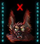  abstract anthro big_ears briznaburr cheek_spikes dacred_excalgier eyebrows facial_spikes fangs glitch hi_res hybrid male maroon_fur neon neon_lights poster solo spikes spikes_(anatomy) tall_ears thick_eyebrows yellow_eyes 