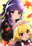  2girls :3 :d alternate_costume apron autumn_leaves bangs black_kimono blonde_hair blue_bow blunt_bangs blurry blurry_background blush bow closed_mouth commentary_request cosplay dappled_sunlight day enmaided eyebrows_visible_through_hair falling_leaves fang furude_rika hair_between_eyes hair_bow highres higurashi_no_naku_koro_ni hisui_(tsukihime) hisui_(tsukihime)_(cosplay) houjou_satoko japanese_clothes kimono kohaku_(tsukihime) kohaku_(tsukihime)_(cosplay) leaf long_sleeves looking_at_viewer maid maid_apron maid_headdress mashimaro_tabetai multiple_girls neck_ribbon open_mouth purple_eyes purple_hair red_ribbon ribbon skin_fang smile sunlight tsukihime white_apron wide_sleeves 