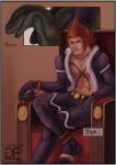 2016 clothed clothing colored comic dinosaur english_text goldenemotions green_body hair hi_res human male mammal one_piece red_hair reptile scalie scar sitting text watermark x_drake 