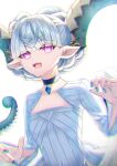  +_+ 1girl bangs braid breasts choker crown_braid curled_horns dress fate/grand_order fate/grand_order_arcade fate_(series) horns jewelry larva_tiamat long_hair long_horns long_sleeves looking_at_viewer nanahi_tsubaki open_mouth pendant pink_eyes pointy_ears ribbed_dress silver_hair small_breasts solo symbol-shaped_pupils tiamat_(fate) white_dress 
