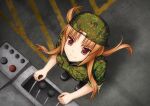  1girl artist_request backwards_hat bangs baseball_cap brown_eyes brown_hair camouflage camouflage_headwear camouflage_jacket camouflage_pants eyebrows_visible_through_hair from_above game_cg hat highres jacket kusumoto_sayaka looking_up muvluv muvluv_alternative muvluv_unlimited:_the_day_after official_art pants parted_bangs smile solo 