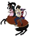  1boy 2girls absurdres angry bandages bare_legs barefoot black_hair breasts bridle centaur cheshire_cat_(monster_girl_encyclopedia) cleavage colorized dark_skin feet full_body hat highres hooves hug hug_from_behind less long_hair missing_finger monster_girl_encyclopedia multiple_girls open_mouth pantyhose pink_hair pirate_hat ponytail rearing reins riding scar sharp_teeth shoes sitting skirt taur teeth topless_male 