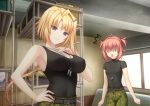  2girls bed black_shirt black_tank_top breasts bunk_bed camouflage camouflage_pants clenched_hands covered_nipples dog_tags ellen_aice flat_chest game_cg hair_intakes highres large_breasts looking_at_viewer low_ponytail miono_shizuku multiple_girls muvluv muvluv_alternative muvluv_unlimited:_the_day_after official_art open_mouth pants pink_hair purple_eyes sayori_(neko_works) shaded_face shirt shirt_tucked_in small_breasts smile surprised tank_top two_side_up white_eyes 