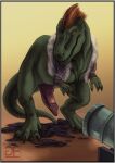  2016 after_transformation allosaurid allosaurus big_penis cannon claws clothed clothed_feral clothing colored comic dinosaur erection feral front_view genitals goldenemotions green_body hi_res male one_piece penis ranged_weapon reptile scalie simple_background solo theropod torn_clothing watermark weapon x_drake 
