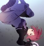  1girl aicedrop blurry bodysuit boots breasts depth_of_field floating grey_background hologram long_sleeves looking_at_viewer midair outstretched_arm pocket ponytail purple_bodysuit red_eyes red_hair shoe_soles solo square turtleneck uniform upside-down wen_saw world_trigger 