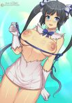  1girl areolae artist_name ass_visible_through_thighs bangs black_hair blue_eyes blunt_bangs bow bowtie breasts commentary_request covered_navel dress dungeon_ni_deai_wo_motomeru_no_wa_machigatteiru_darou_ka eyebrows_visible_through_hair gloves hestia_(danmachi) huge_nipples large_areolae looking_at_viewer nipples open_mouth patreon_username redjet solo teeth tongue torn_clothes twintails watermark 