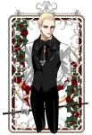  1boy alternate_costume black_bow blonde_hair blood blood_on_clothes blue_eyes bow chinese_commentary expressionless fate_(series) flower gloves hair_slicked_back highres kayneth_el-melloi_archibald male_focus red_flower red_rose rose solo waistcoat whaaa000 white_gloves 