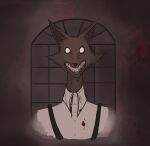  2021 anthro apollinaria_fh big_ears black_nose blood blood_in_mouth blood_on_clothing blood_on_face blood_on_shirt blood_on_teeth bodily_fluids brown_background brown_body brown_fur canid canine clenched_teeth clothed clothing creepy demon fox fur hi_res leenie_boog leenie_boog_(character) long_neck long_teeth looking_at_viewer male mammal nightmare_fuel portrait sharp_teeth simple_background simple_eyes skinny solo soulless_eyes suspenders teeth video_games white_eyes wide_eyed window 