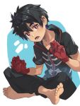  1boy barefoot black_hair black_pants child crossed_legs feet gloves hair_between_eyes hands kemono_jihen kusaka_kabane looking_at_viewer pants red_eyes red_gloves ryuou_oohashi short_hair short_sleeves sitting soles teeth toes 