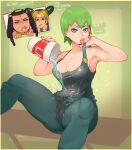  3girls areola_slip areolae black_hair blonde_hair blue_eyes blush breasts chibi chibi_inset cleft_of_venus cup double_bun english_commentary english_text ermes_costello foo_fighters green_hair green_lips hair_cones hair_ornament hairlocs highres holding holding_cup jojo_no_kimyou_na_bouken justrube kujo_jolyne looking_at_viewer medium_hair multicolored_hair multiple_girls no_bra open_mouth overalls pouring pouring_onto_self shirt short_hair signature simple_background stone_ocean sweatdrop tongue tongue_out two-tone_hair water wet wet_clothes wet_shirt 