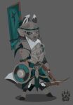  ambiguous_gender anthro armor banner biped buckler canid canine clothed clothing crossbow fully_clothed grey_background headgear helmet hi_res mammal ranged_weapon shield simple_background solo standing weapon wolfdawg 