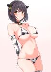  1girl absurdres animal_ears animal_print arms_behind_back bangs bell bikini black_collar black_hair blush breasts collar commentary_request covered_nipples cow_ears cow_print cowboy_shot ear_tag elbow_gloves eyebrows_visible_through_hair gloves groin highres idolmaster idolmaster_cinderella_girls large_breasts legs_together looking_at_viewer navel neck_bell print_bikini print_gloves print_legwear raindrop746079 short_hair simple_background solo standing stomach swimsuit takafuji_kako thighhighs white_background yellow_eyes 