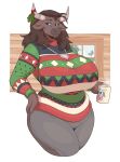  absurd_res anthro big_breasts bottomwear bovid bovine breasts clothed clothing collar container cup female hand_on_hip hi_res holding_cup holding_object horn horn_jewelry horn_ring mammal mistletoe nihea_avarta pants plant ring_(jewelry) slightlysimian solo sweater topwear wide_hips window 