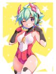  1girl azure_striker_gunvolt azure_striker_gunvolt_2 bare_shoulders blue_eyes blush breasts cougar_(cougar1404) elbow_gloves eyebrows_visible_through_hair gloves green_hair headgear leotard looking_at_viewer one_eye_closed roro_(gunvolt) short_hair smile solo thighhighs 