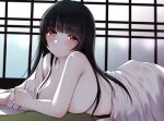  1girl black_hair blush breasts closed_mouth commentary_request enma_ai eyebrows_visible_through_hair japanese_clothes jigoku_shoujo kimono kozue_akari large_breasts long_hair looking_at_viewer lying naked_kimono on_floor on_stomach solo 